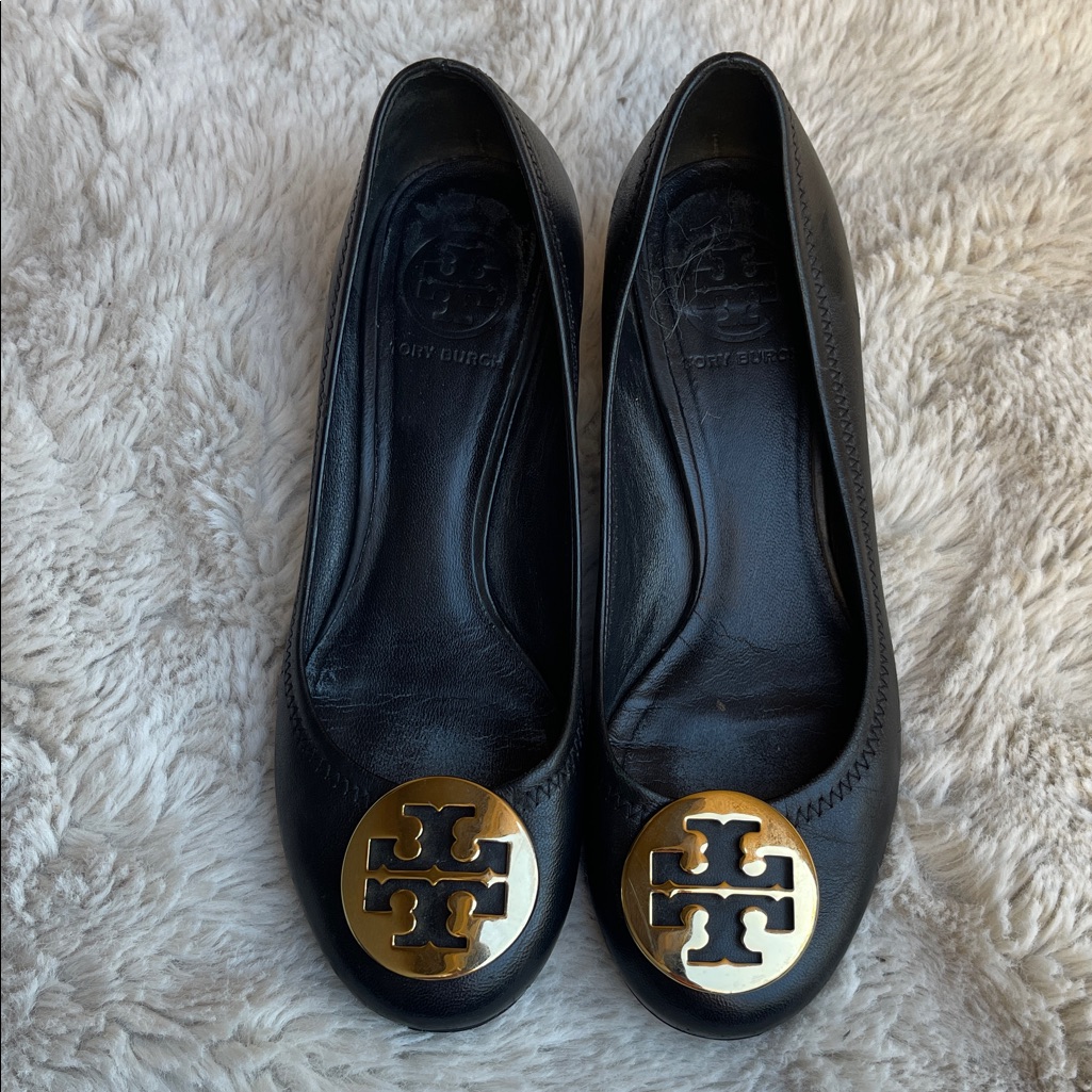 Tory Burch Reva Leather Block Heel Gold Emblem